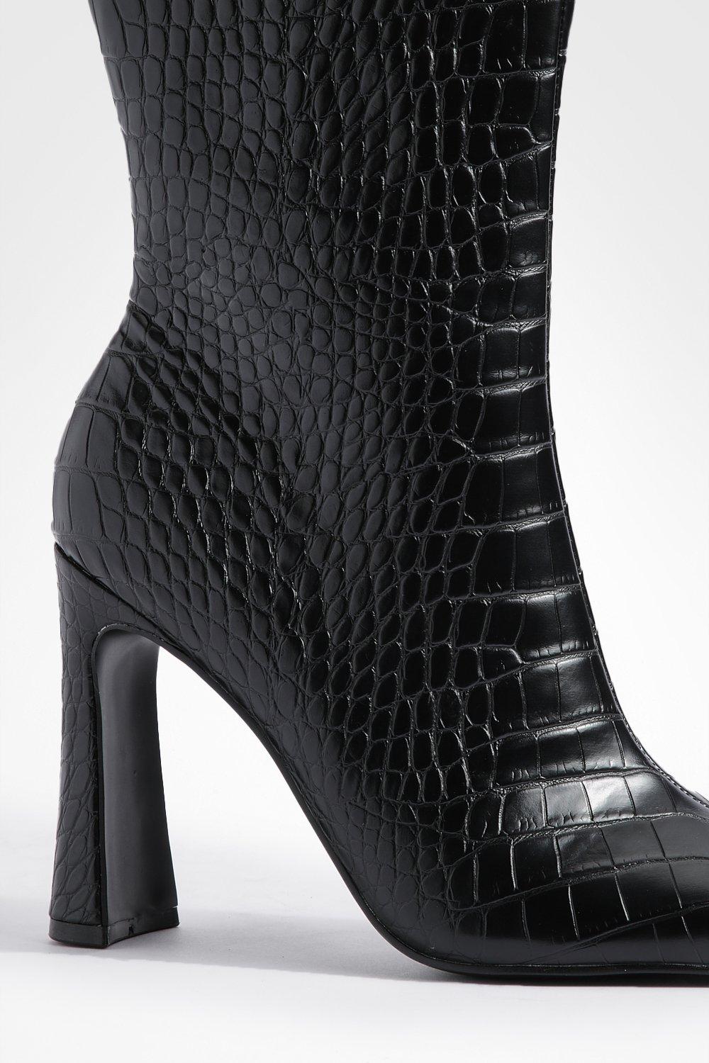 Flat Heel Square Toe Croc Ankle Boots