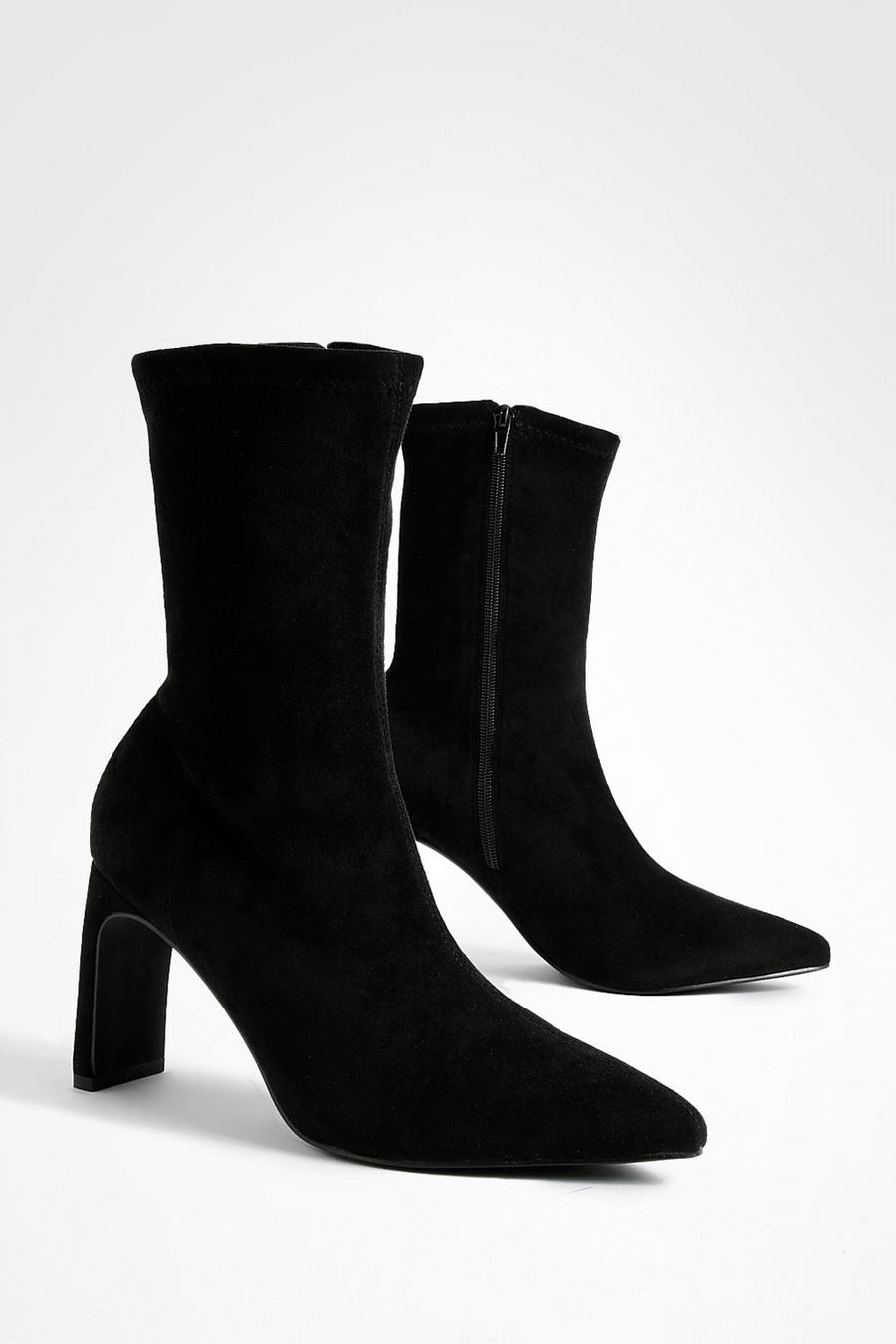 Black svart Flat Heel Pointed Toe Sock Boots