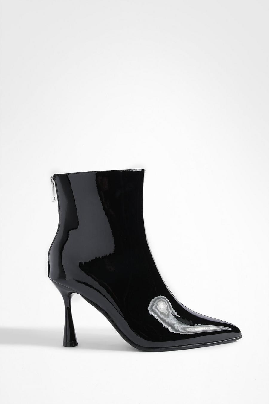 Black Wide Fit Flare Stiletto Patent Pointed Ankle Boots  image number 1
