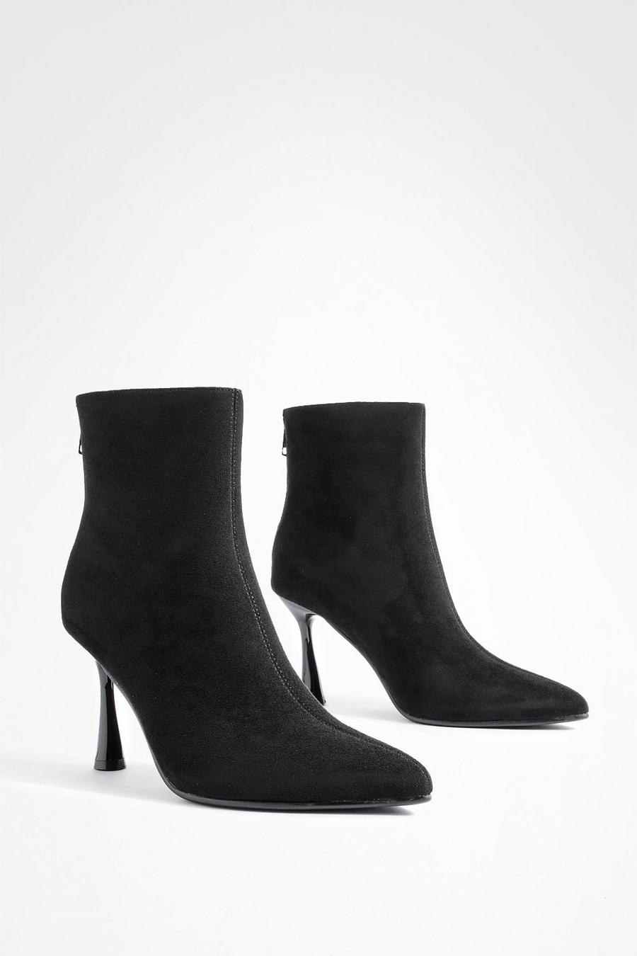 Black Wide Fit Flare Stiletto Faux Suede Pointed Ankle Boots