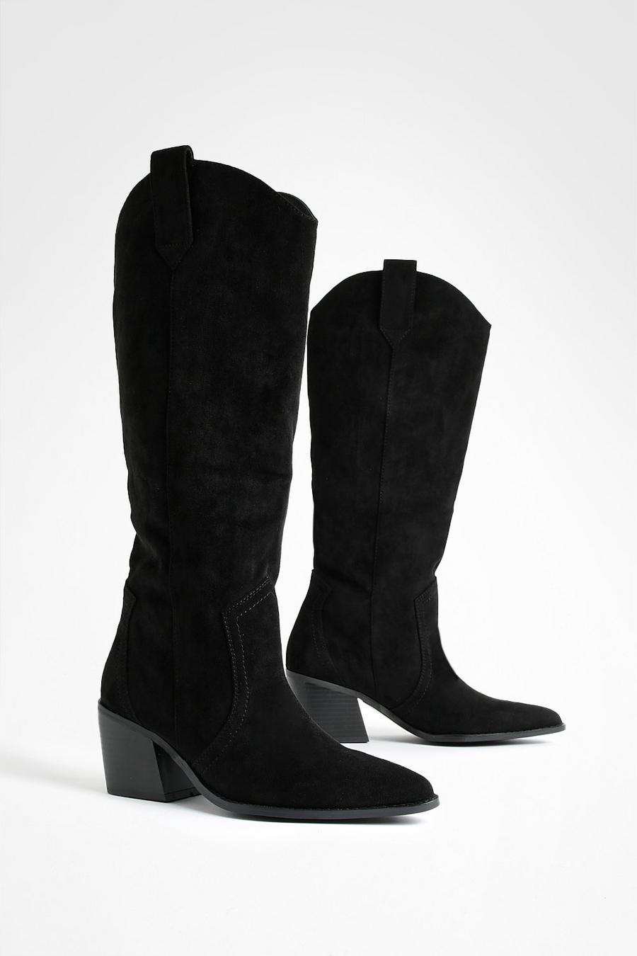 Black Squared Heel Minimal Western Cowboy Boots