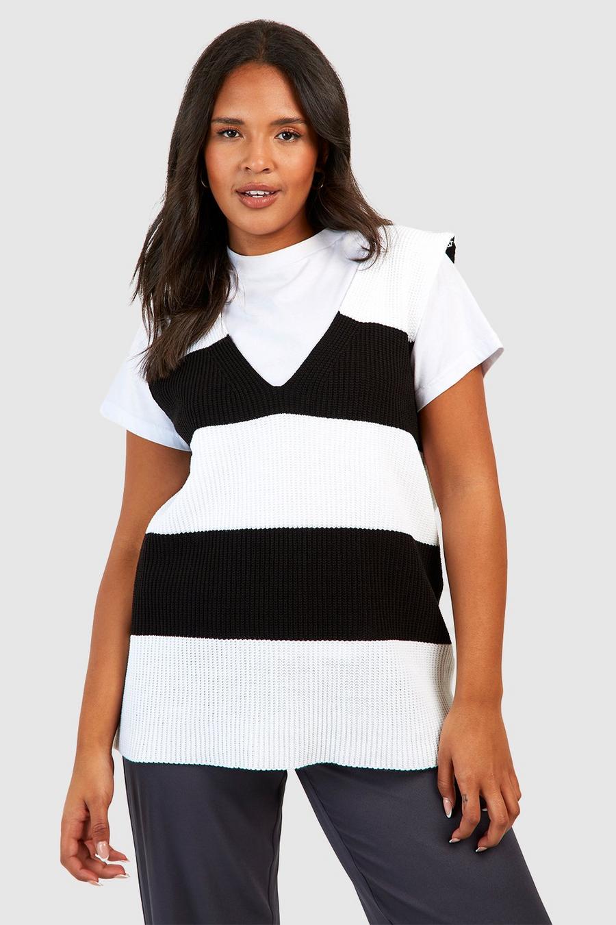Black Plus Stripe V Neck Boxy Knitted Vest image number 1