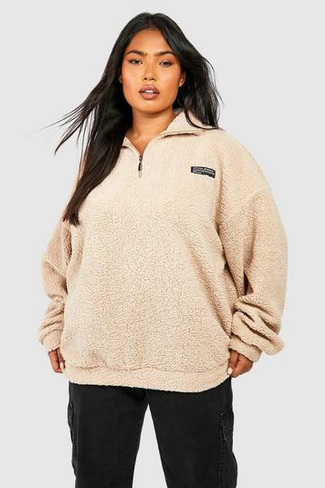 Plus Borg Funnel Neck Zip Sweater stone