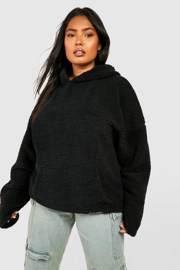 Plus Oversized Nepwollen Hoodie Met Geweven Label black