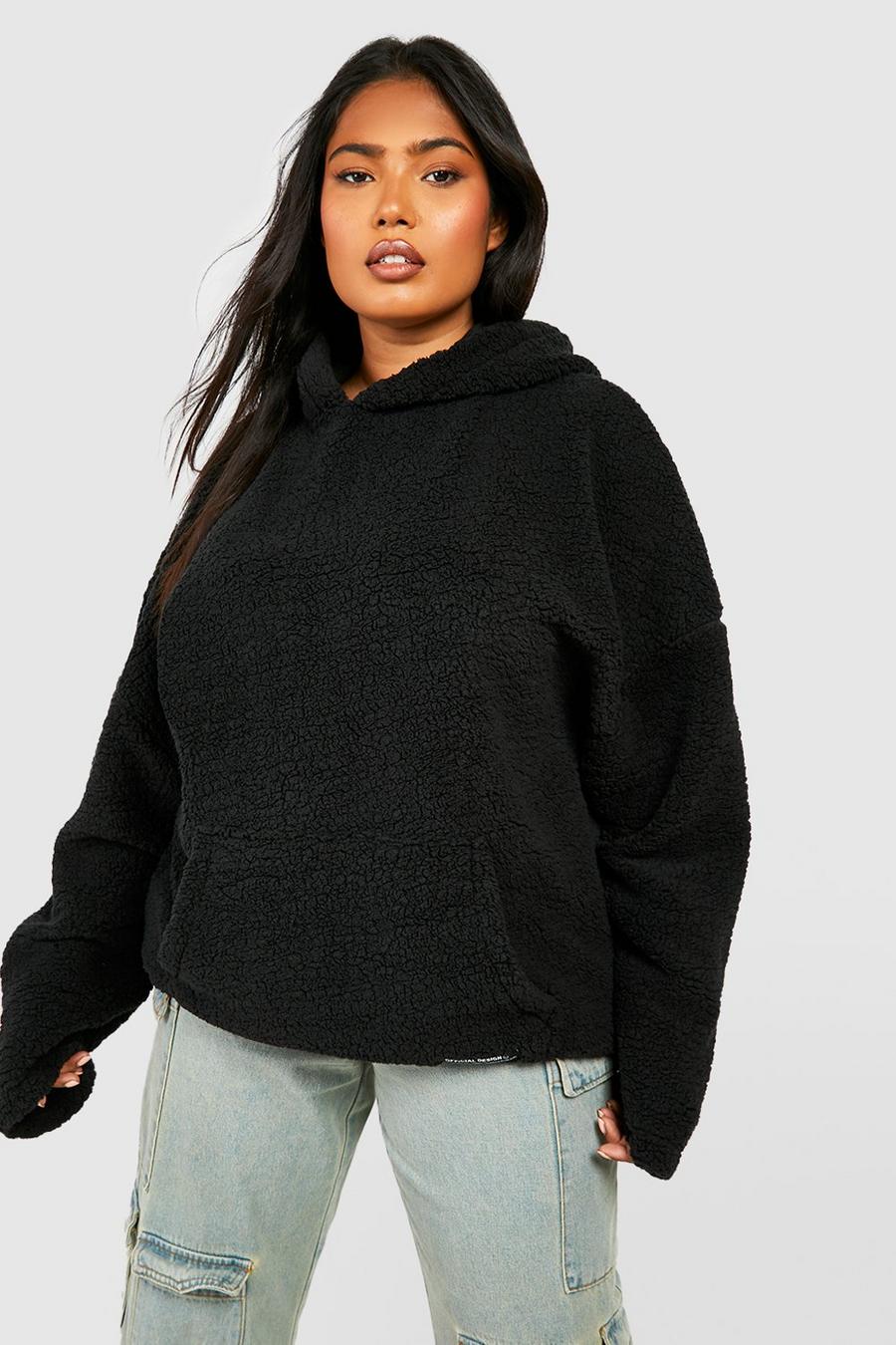 Black Plus Borg Oversized Hoodie With Woven Label