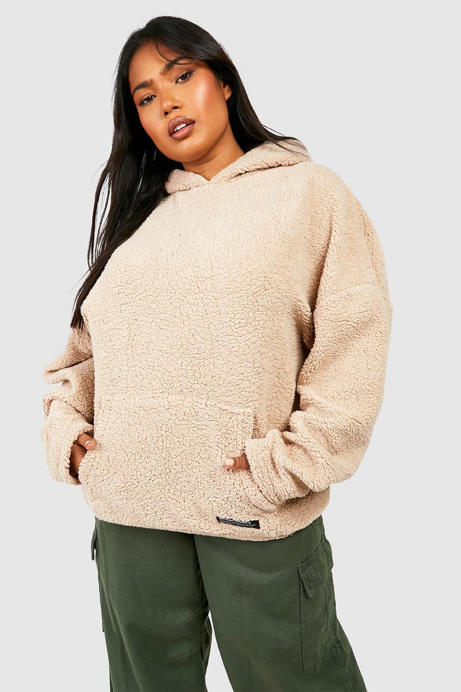 Stone beige Plus Borg Oversized Hoodie With Woven Label