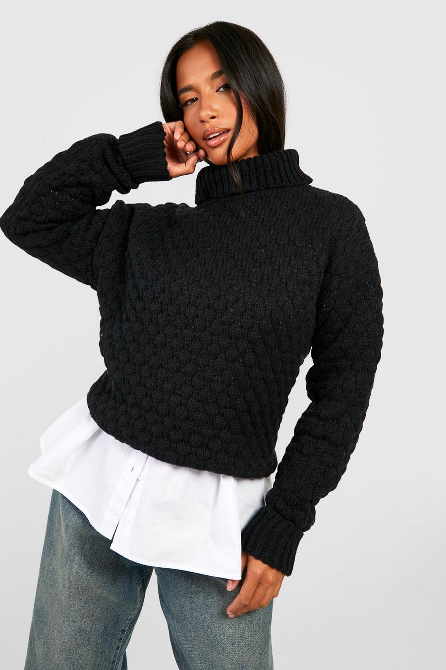 Black Petite Bubble Knit Turtleneck Sweater image number 1
