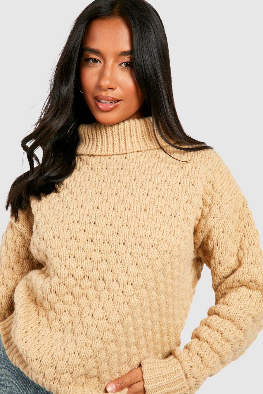 Cream Petite Bubble Knit Roll Neck Jumper  image number 1