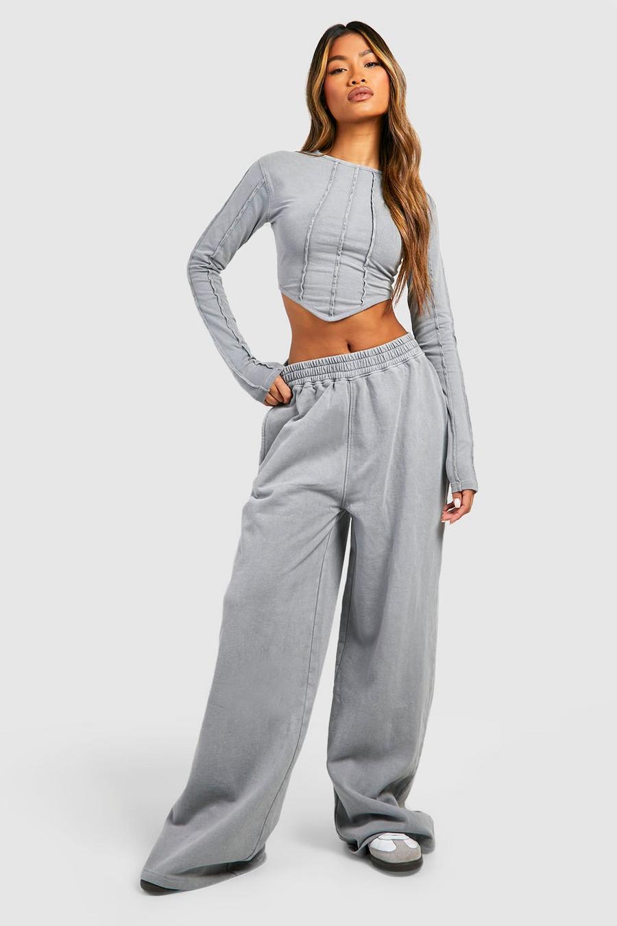 Charcoal grey Washed Corset Hem Seam Detail Top And Straight Leg Jogger 