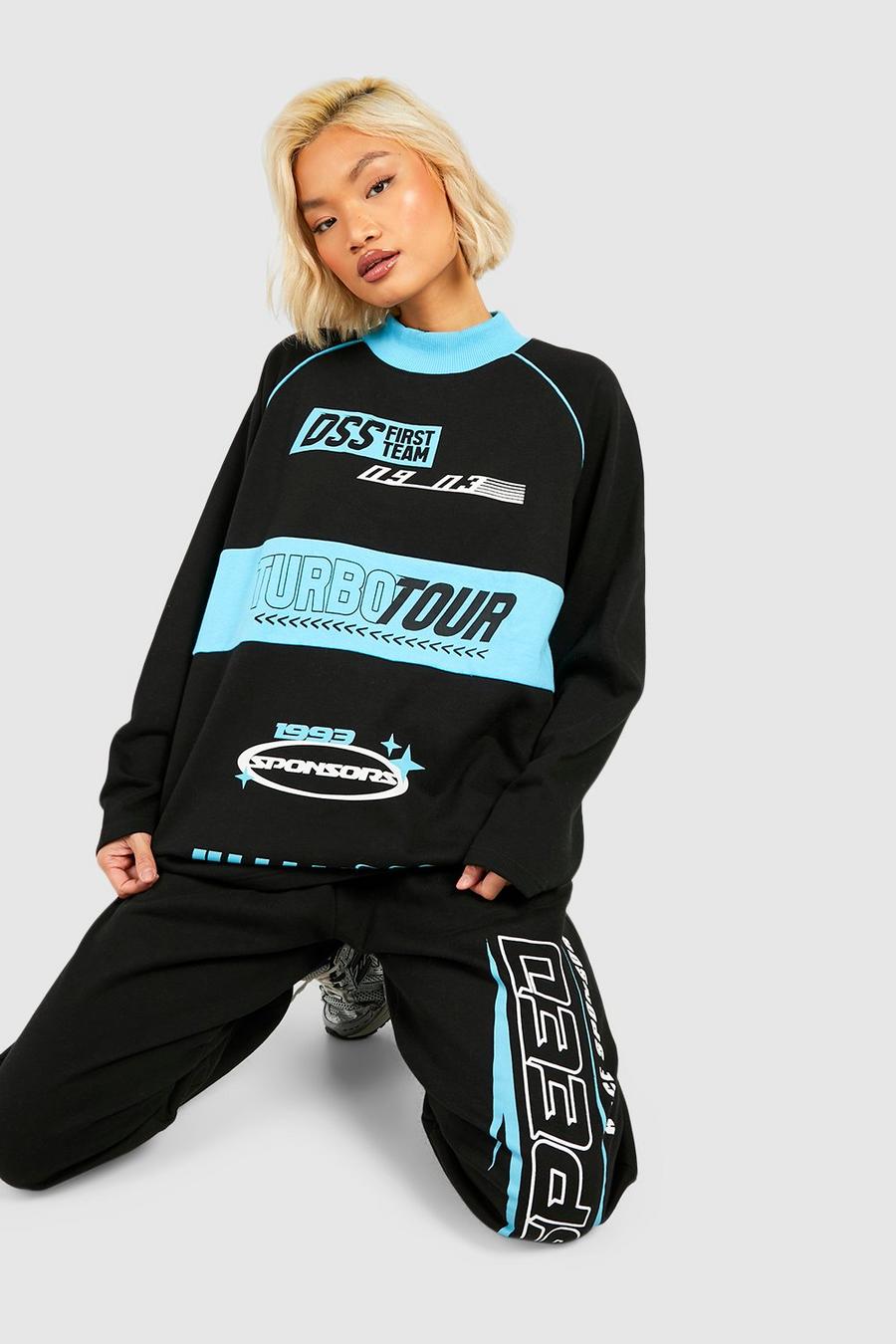 Oversize Colorblock Sweatshirt mit Motorcross-Slogan, Black