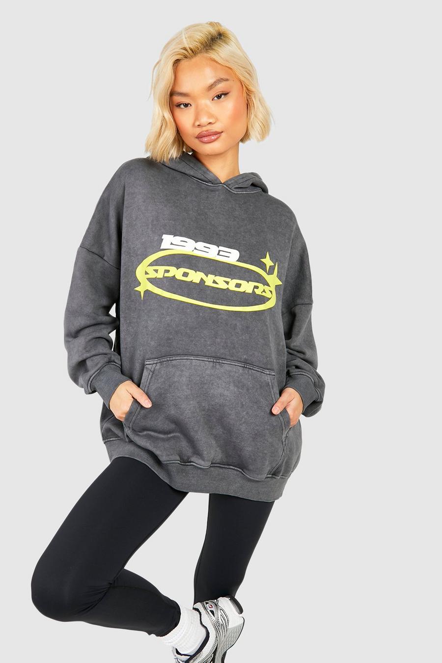 Charcoal Motocross Slogan Washed Oversized Hoodie  image number 1