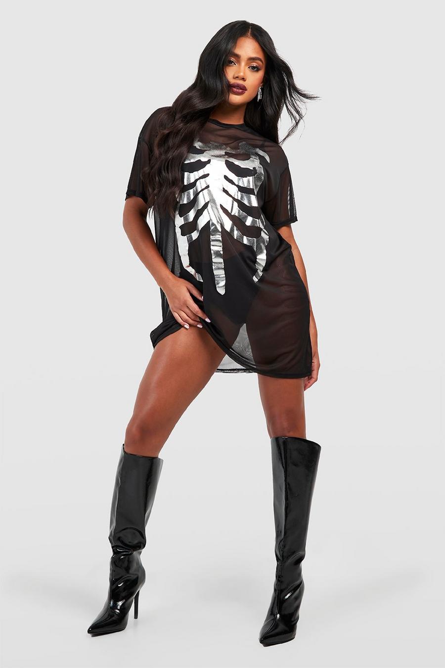 Vestito T-shirt di Halloween in rete con scheletro, Black