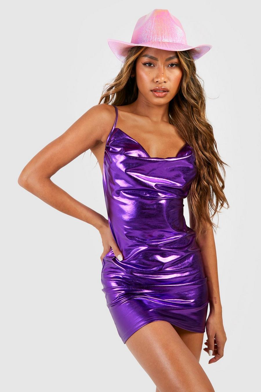 Vestido mini metálico con escote plisado, Purple