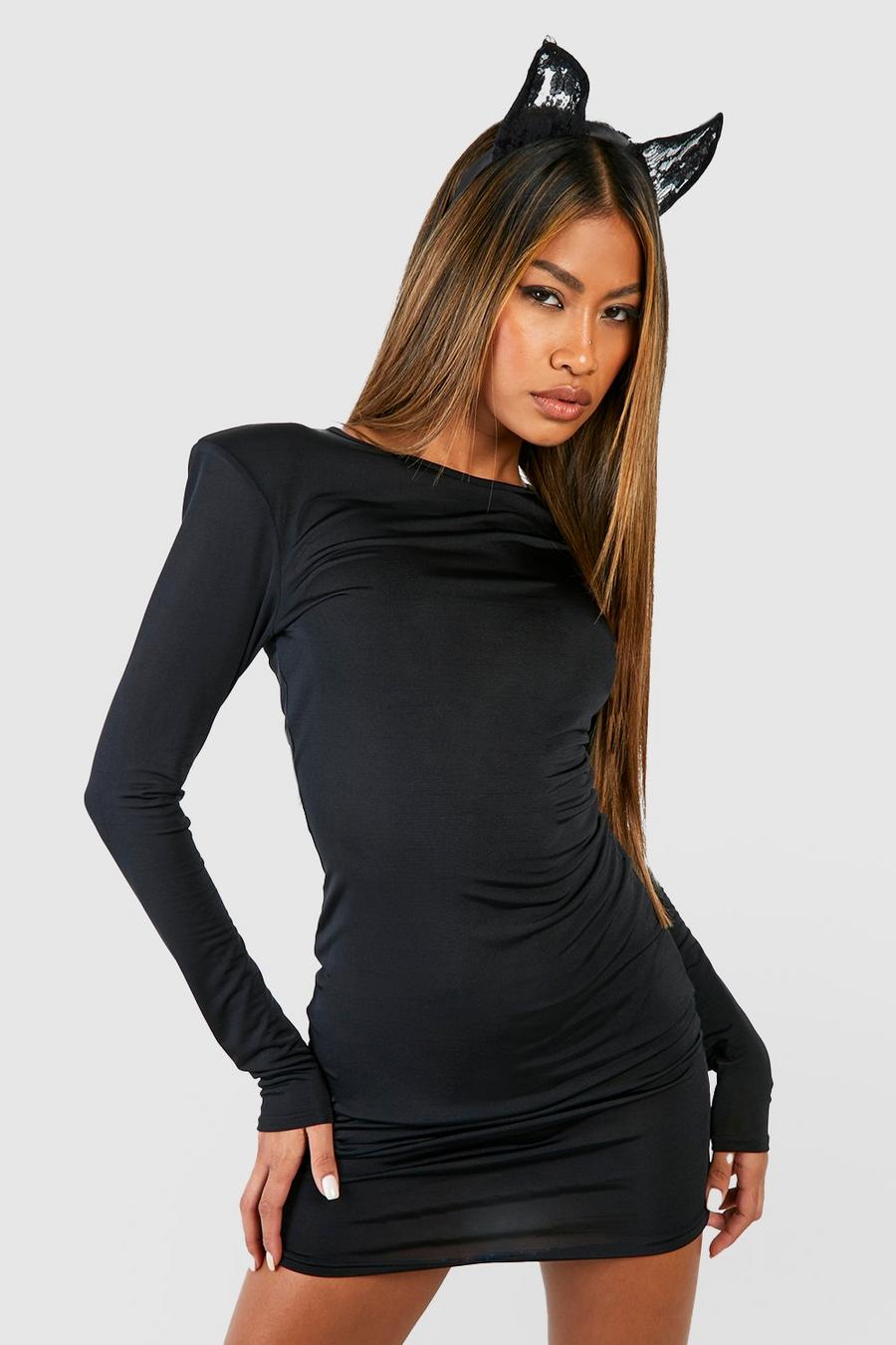 Black Miniklänning i glansigt tyg med axelvaddar image number 1