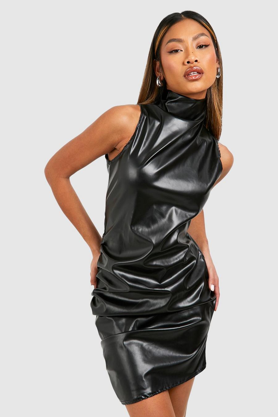 Vestido mini de cuero sintético fruncido con cuello alto, Black image number 1