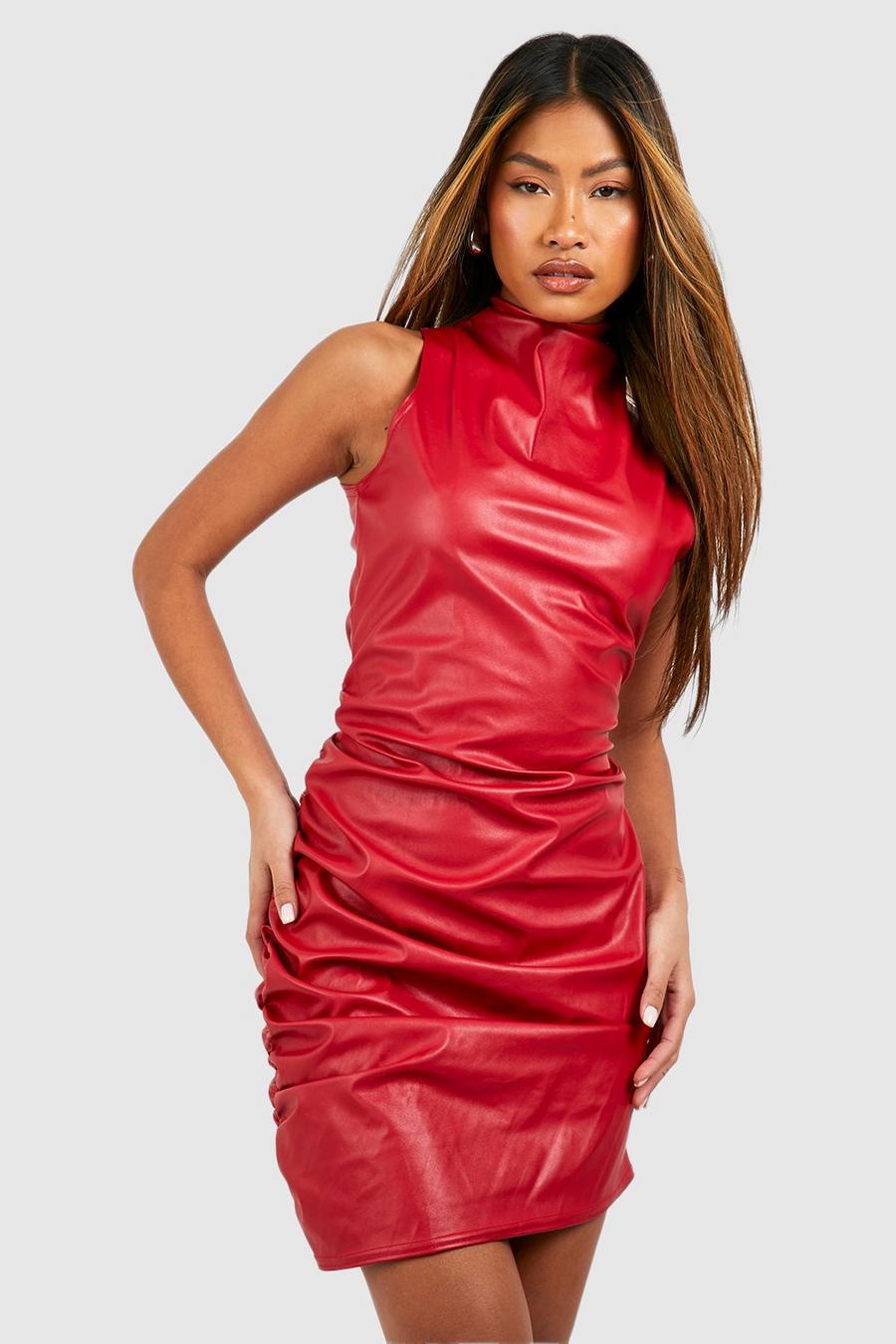 Red High Neck Ruched Pu Mini Dress image number 1