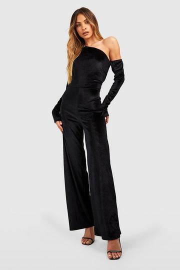 Black Asymmetric Velvet Wide Leg Jumpsuit