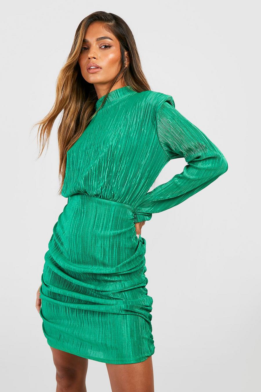 Hochgeschlossenes Plissee Bodycon-Kleid, Emerald image number 1