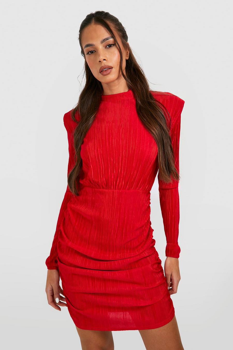 Red High Neck Plisse Bodycon Dress image number 1