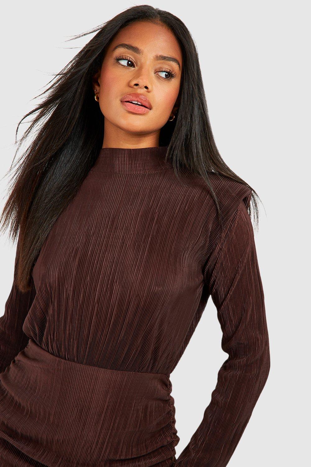 High Neck Plisse Midi Bodycon Dress boohoo UK