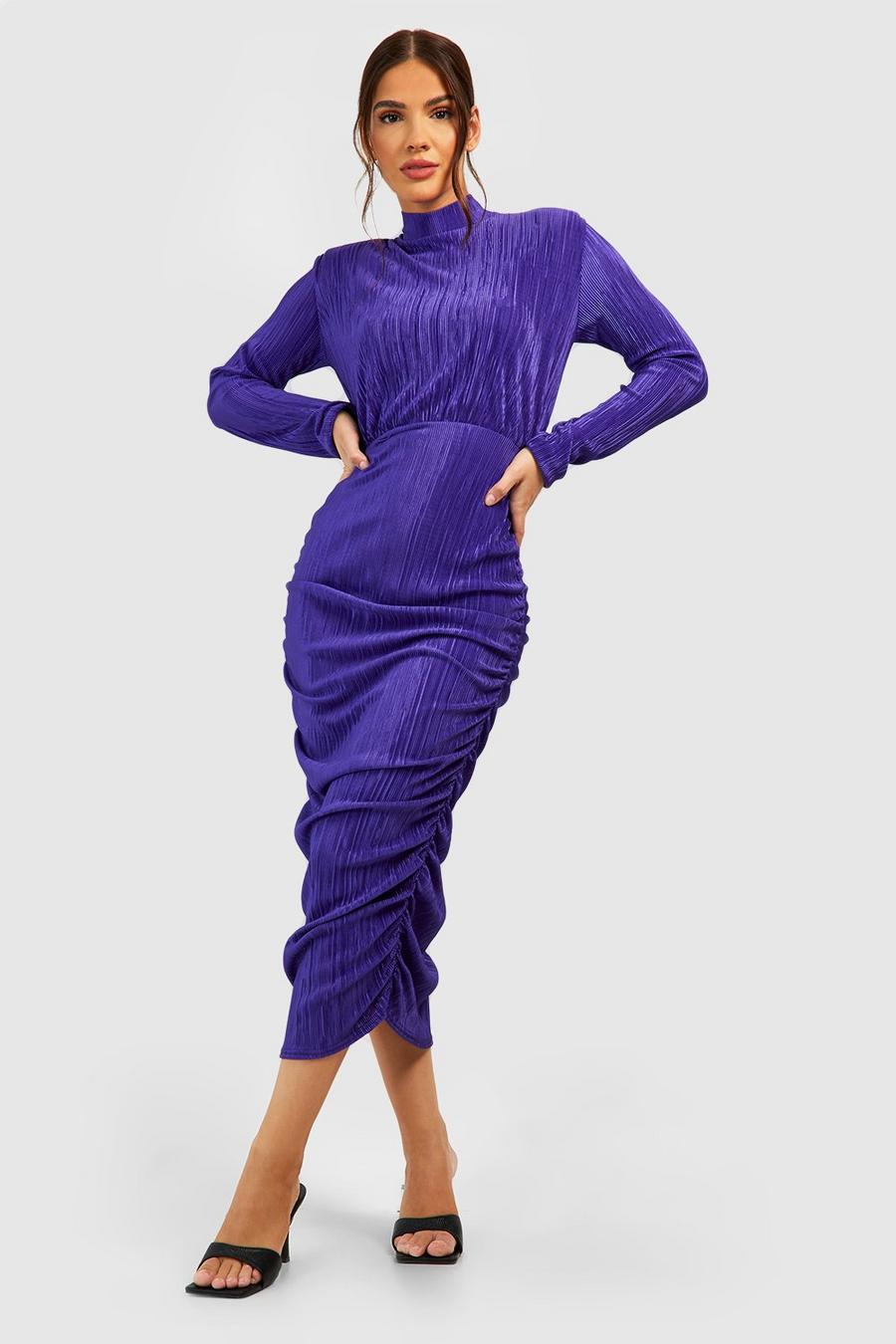Purple violett High Neck Plisse Midi Bodycon Dress