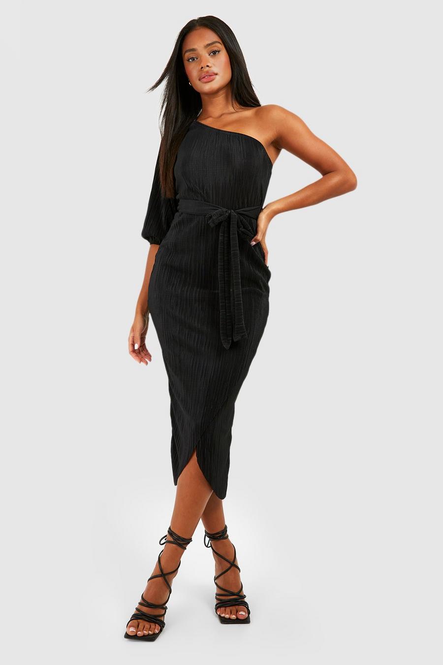 Black One Shoulder Tie Waist Midiaxi Bodycon Dress image number 1