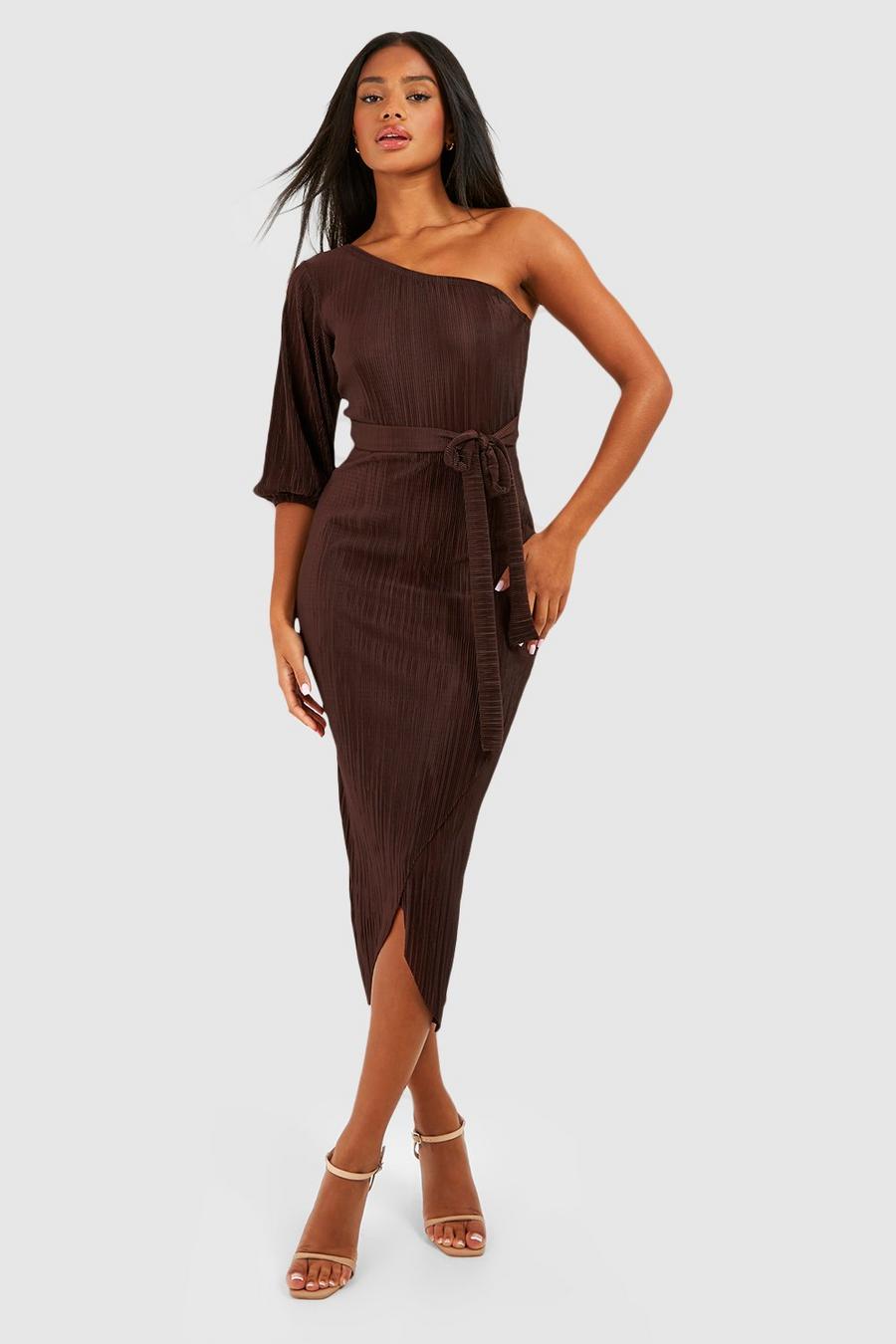 Chocolate One Shoulder Tie Waist Midiaxi Bodycon Dress image number 1