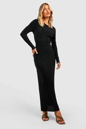 Crew Neck Plisse Column Maxi Dress black