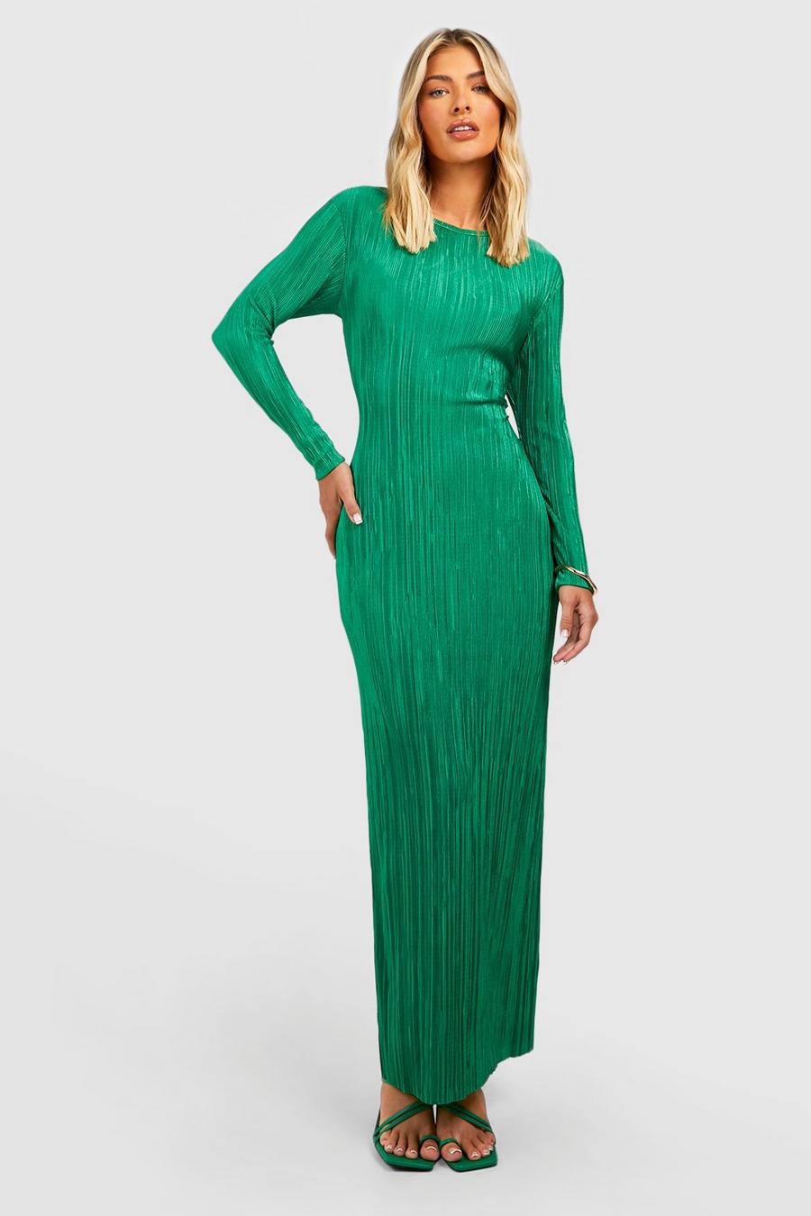 Emerald green Crew Neck Plisse Column Maxi Dress