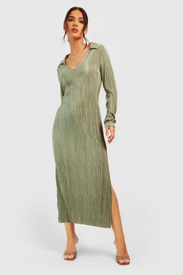 Olive Green Collared Plisse Column Midi Dress