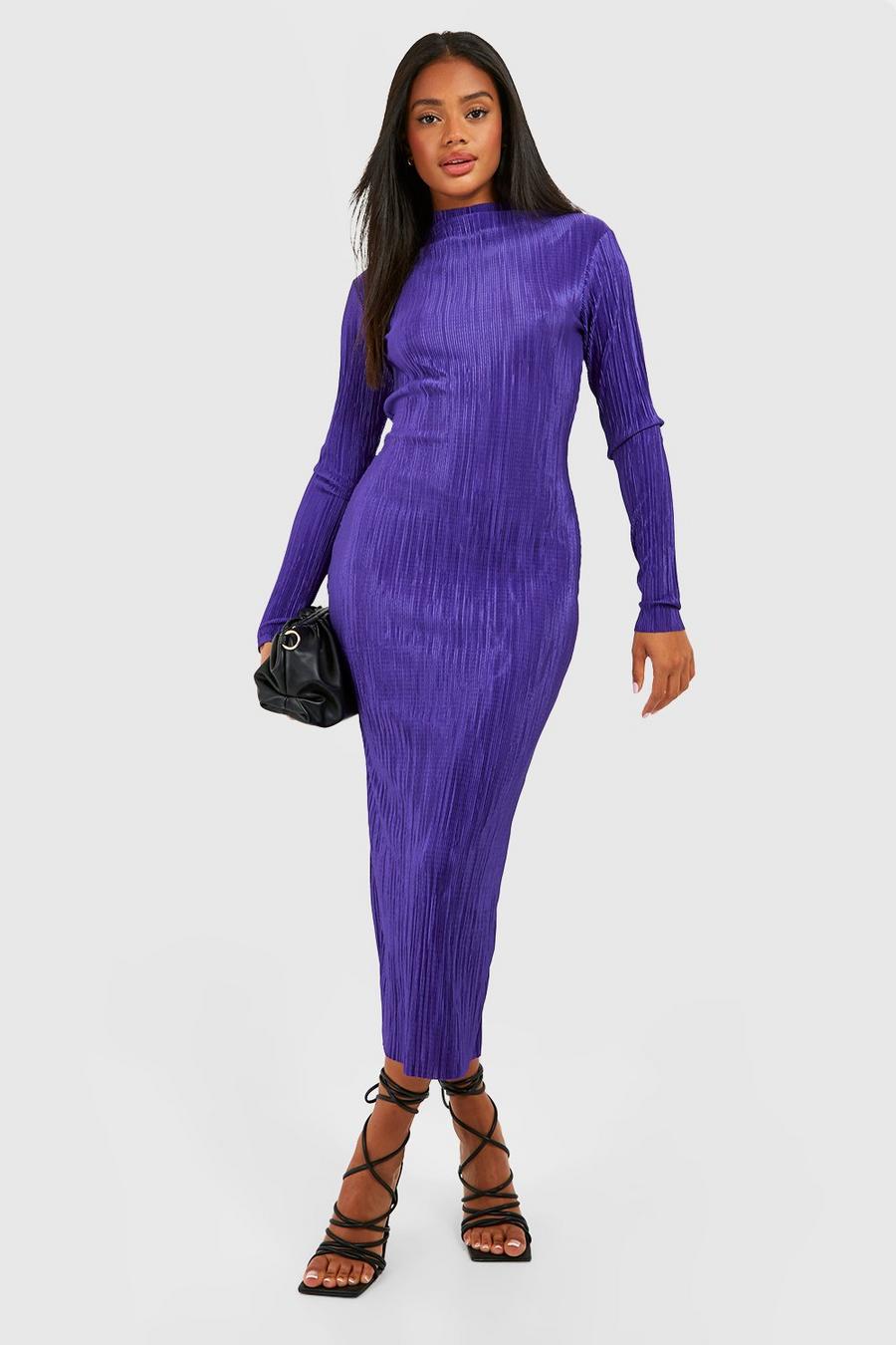 Vestito longuette plissettato a collo alto, Purple image number 1