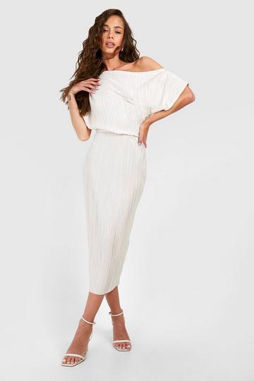 Champagne Beige Off The Shoulder Plisse Midi Dress