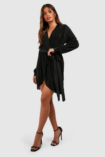 Plisse Wrap Shirt Dress black