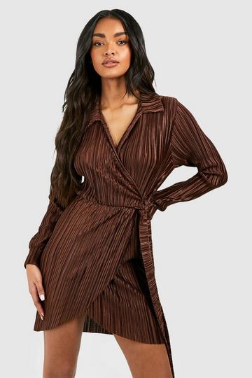 Plisse Wrap Shirt Dress chocolate