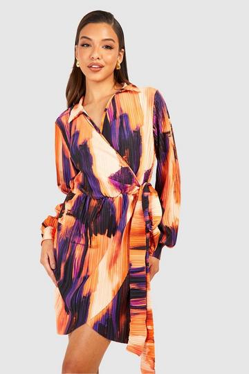 Abstract Plisse Wrap Shirt Dress multi