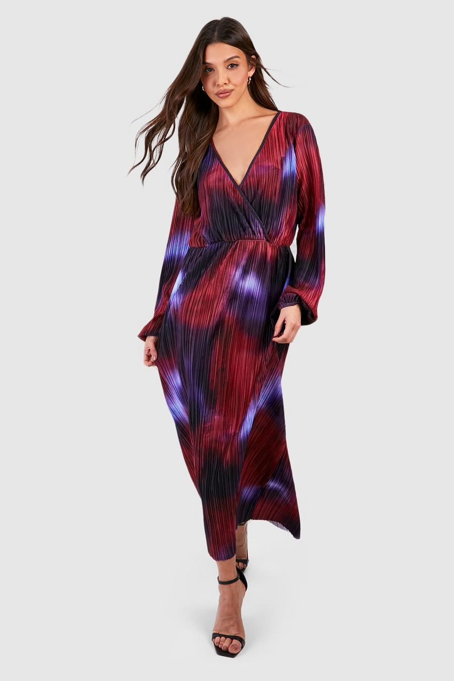 Purple Abstract Plisse Wrap Front Midi Dress
