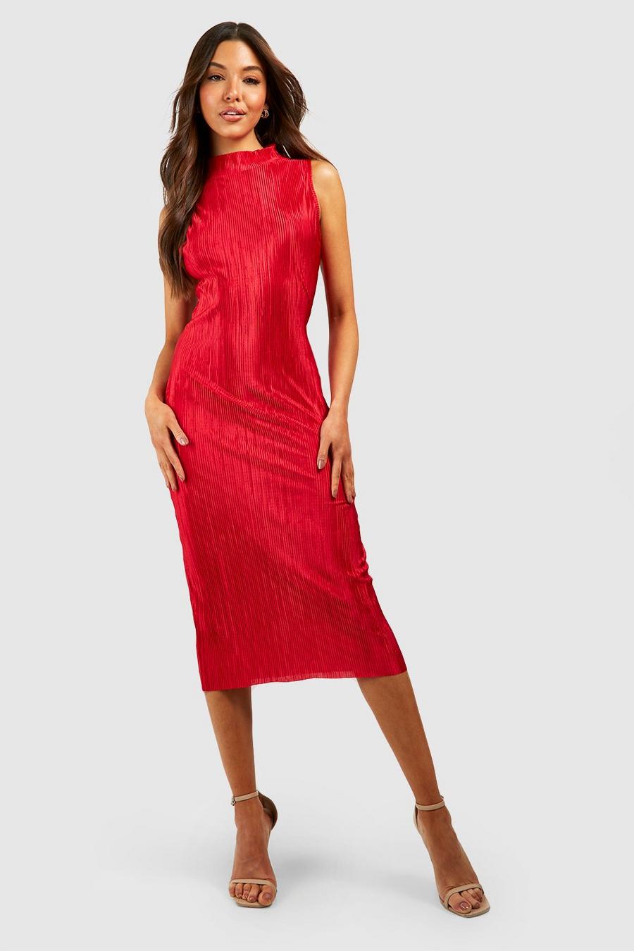 Red Plisse High Neck Midi Dress image number 1