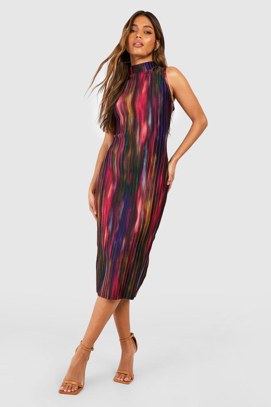 Multi Abstract Plisse High Neck Midi Dress