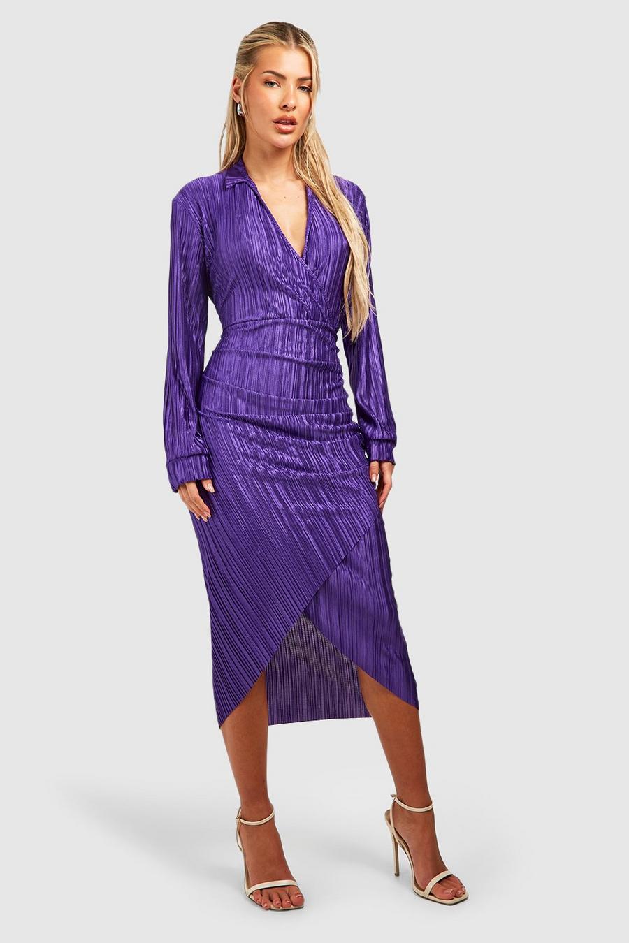 Purple Plisse Wrap Midi Dress
