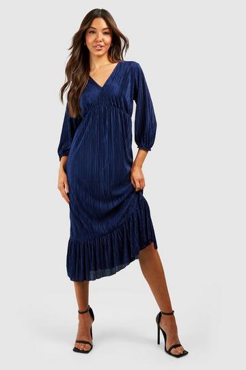 Navy Plisse Puff Sleeve Frill Midi Dress