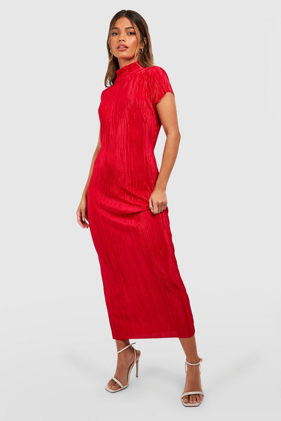 Red Plisse High Neck Puff Sleeve Midi Dress