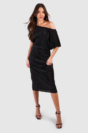 Draped Plisse Midi Dress black