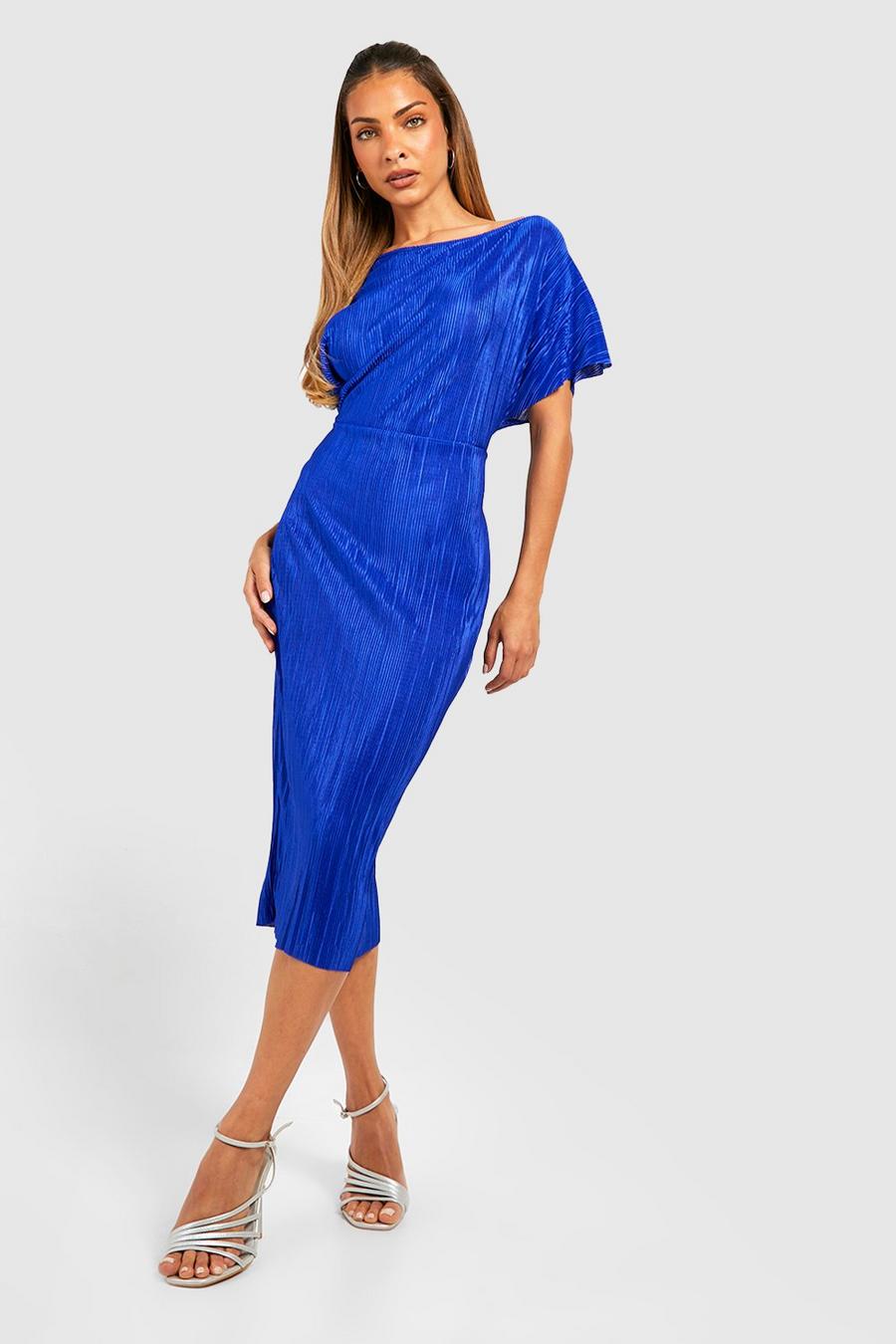 Cobalt Draped Plisse Midi Dress