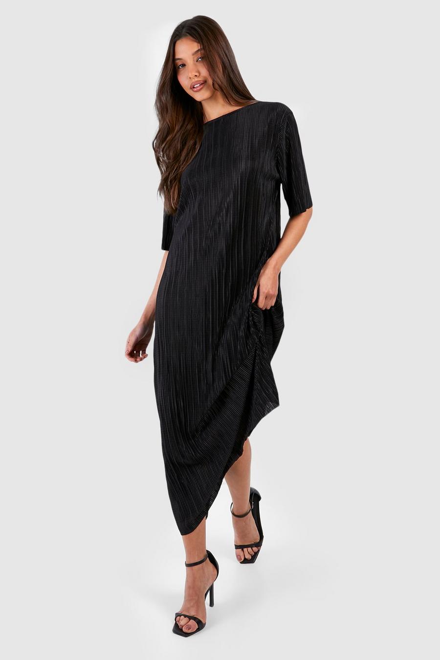 Black Plisse Midaxi T-shirt Dress