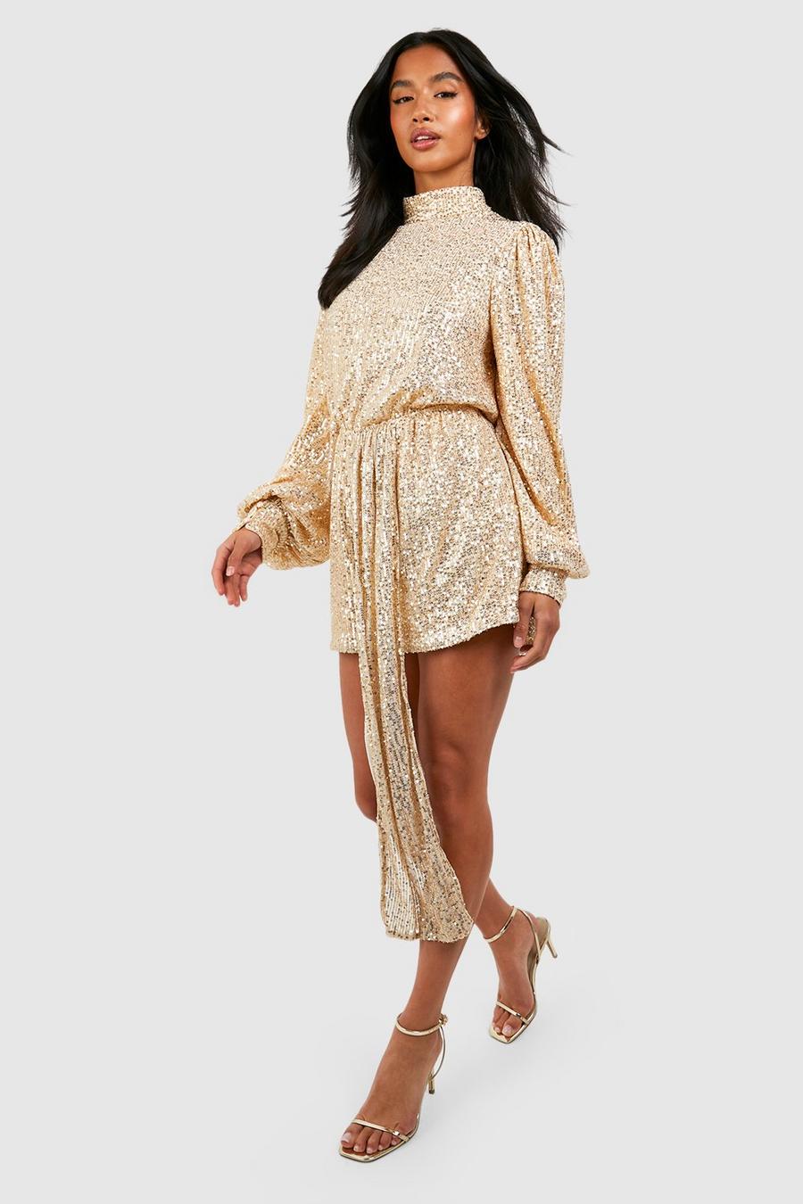 Gold Petite Sequin High Neck Puff Sleeve Romper image number 1
