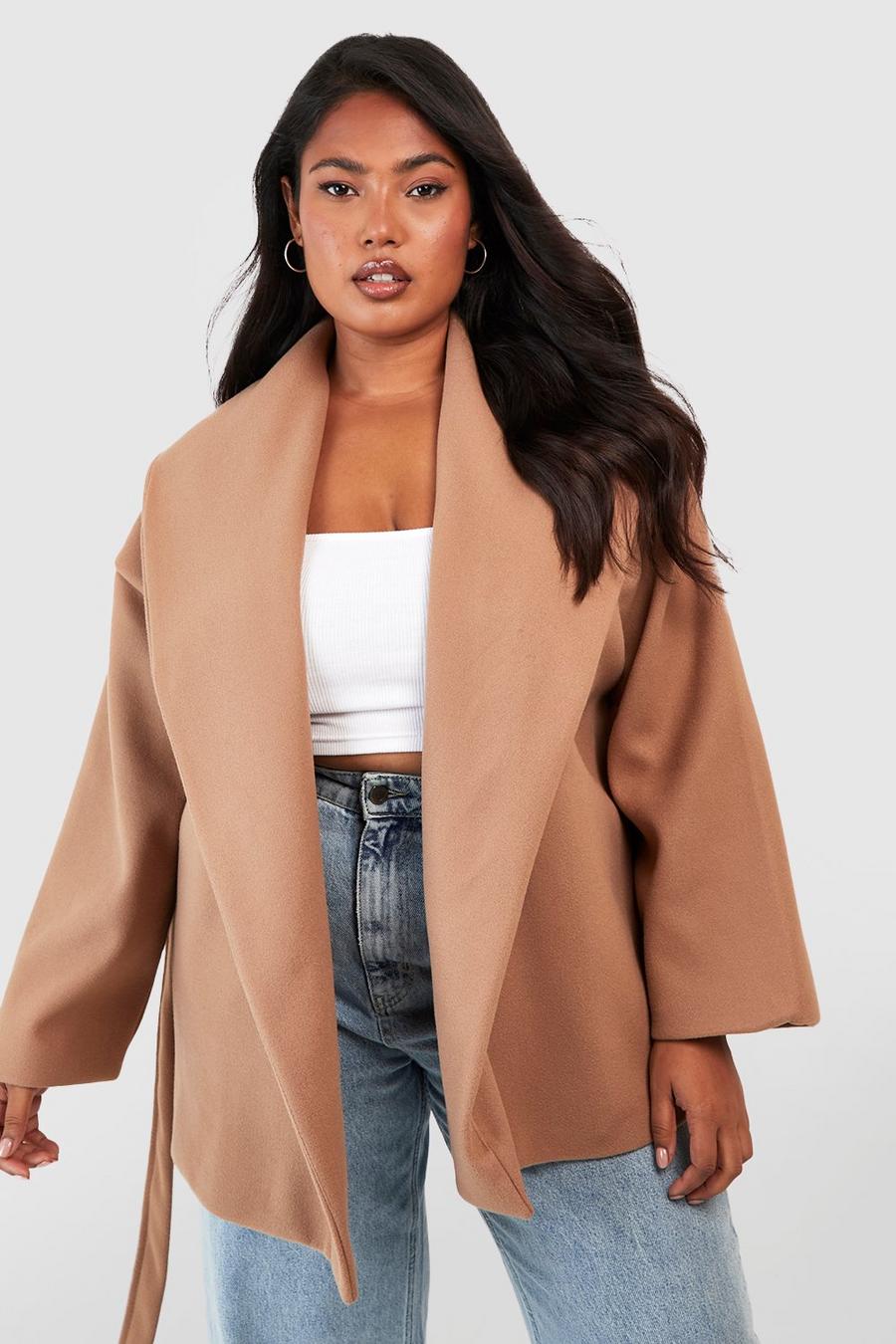 Camel Plus Wool Look Oversized Collar Belted Jacket image number 1