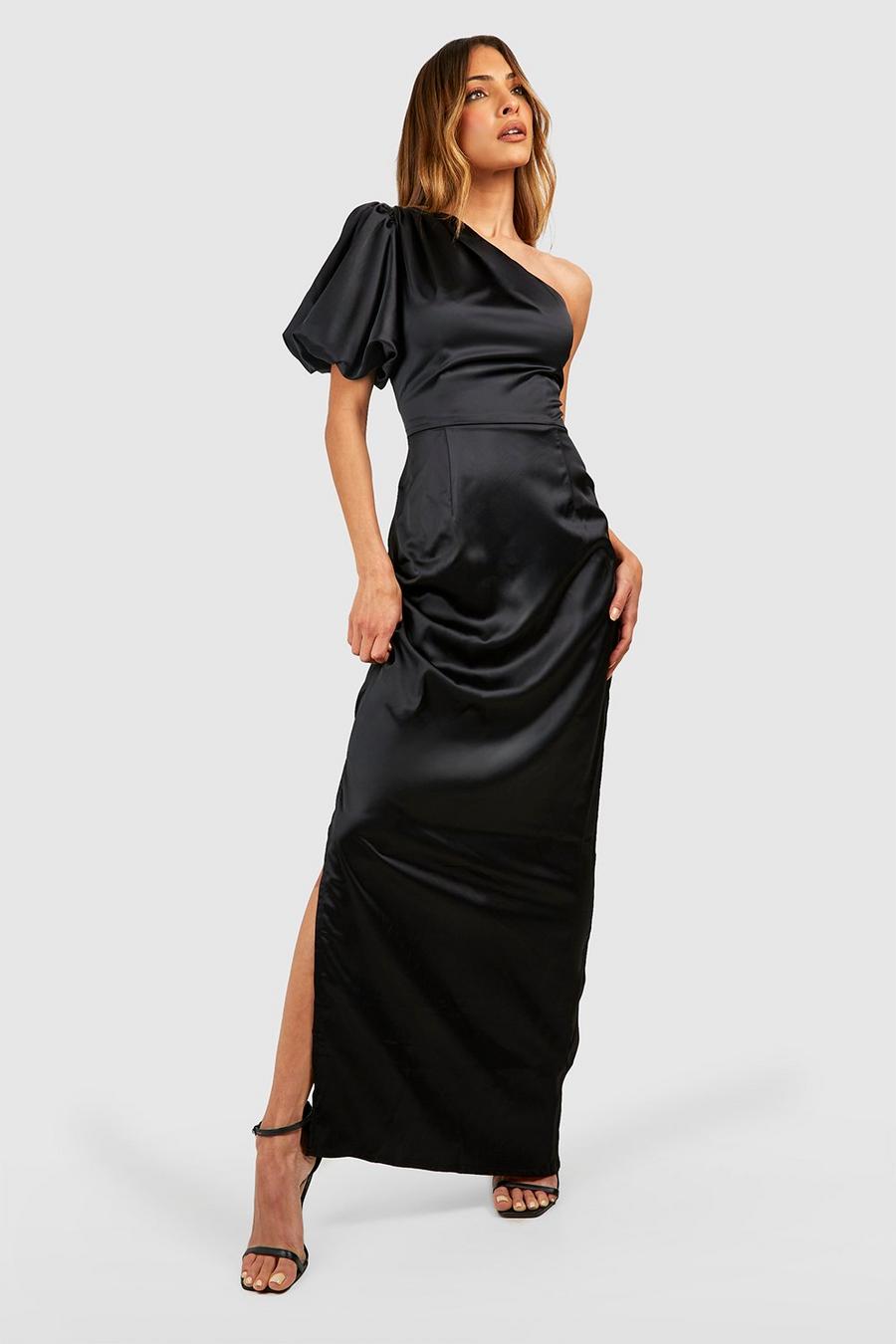 Black Satin Puff Sleeve Column Maxi Dress image number 1