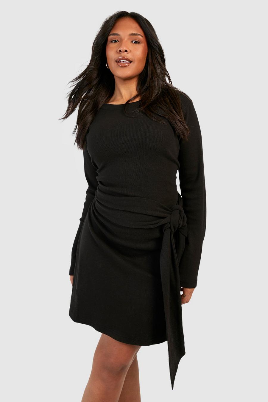 Black Plus Ribbad fodralklänning med knytskärp image number 1