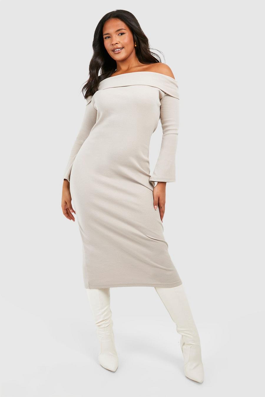 Stone Plus Ribbed Off Shoulder Flared Cuff Midi Dress image number 1