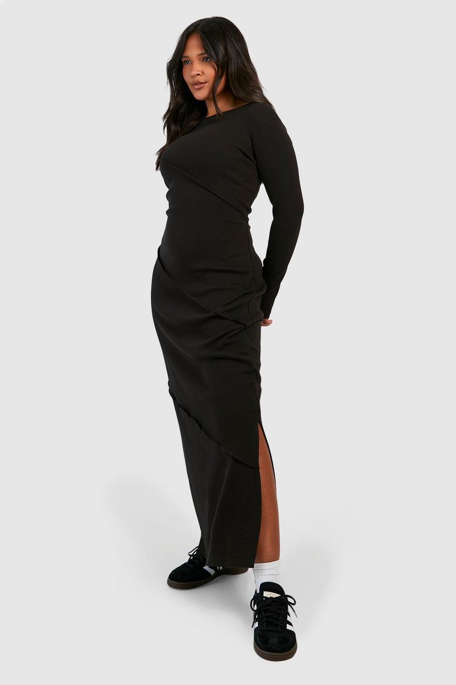 Black Plus Ribbed Exposed Seam Midiaxi Dress image number 1